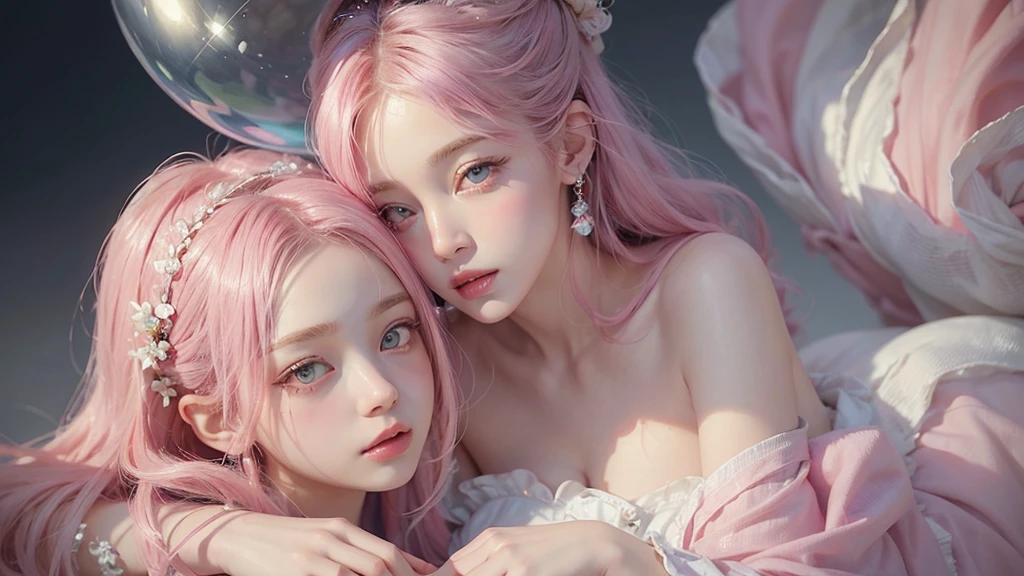 ((masterpiece)). This work is dreamy and fantastical., Soft pink watercolor shades. Generates delicate magical women exploring the bubble gum world in a variety of pastel colors. Her sweet face is extremely detailed and realistic with elegant, Mature features, Puffy, Big lips and stunning, Extremely realistic eyes. Her eyes are important、Be realistic, Very detailed, And it's beautiful. High resolution and detail, Include many details like stars, Milky Way, Colorful bubbles, Colorful petals, And a lot of energy and emotion! Stars and colorful bubblegum bubbles are important! Include fantasy details, Enhanced Details, iris, Colorful sparkling wind, And pollen. Pay special attention to her face、Make sure it's beautiful and realistic in detail。. The image is dreamy、It has to be fantastical..8k, Complex, elegant, Very detailed, Majestic, Digital photography