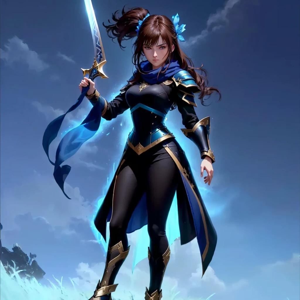 a close up of a person holding a sword in a field, portrait knights of zodiac girl, epic mage girl character, knights of zodiac girl, fighting game character, fullbody rpg portrait, hero character art, black clothes, brown hairn blue pattern, dark blue eyes, blue scarf