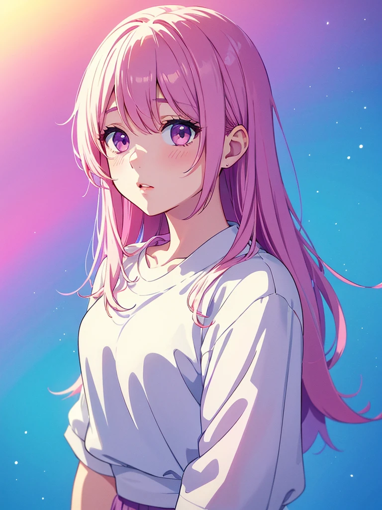 pretty girl, Pink Lips, Wearing a bright white shirt, In the style of a soft aurora punk color palette, Anime illustration of her face, Animated GIFs, Hand-drawn animation, Attractive sketch, Soft and bright, A vague romanticism, Super Plain Style, White--Air Background 1:1--Rainbow 5--Expression Style