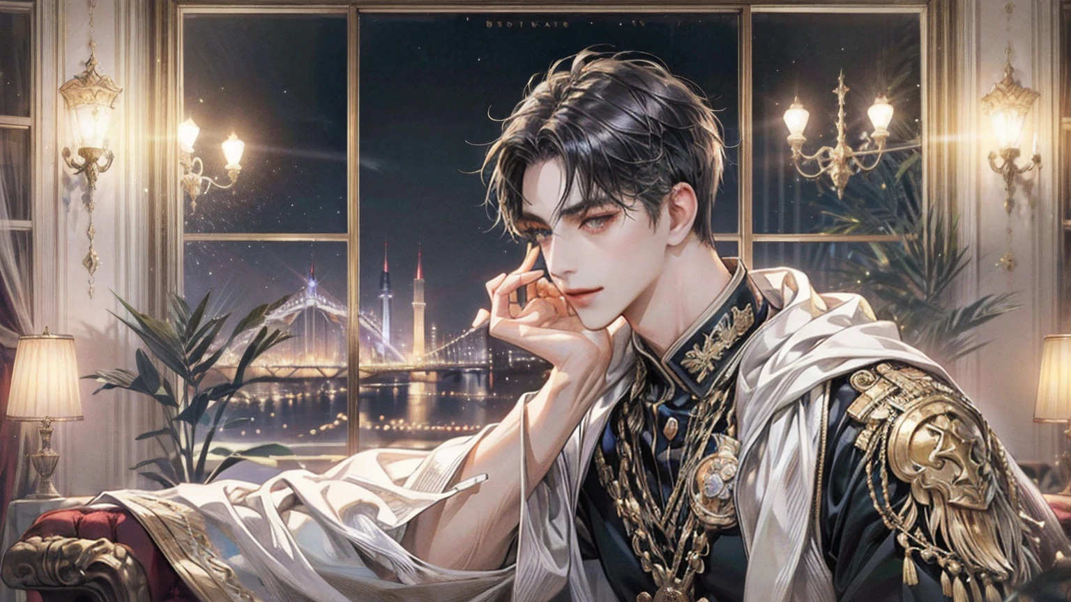 Revival of the Roman Emperor Constantine the Great。male, Age 34。A kind smile。Career list。The gentle yet overwhelming aura of a ruler。honest and kind, but、Cold and firm when you need it.。enthusiastic and talented at work。maleらしい。bright and sharp eyes。Lion-like eyes。wearing a chic high-class suit。Successful businessman。Fluffy short hair。Thin but strong and muscular body。long body。Relaxing in the hotel lounge。Through a large window, You can see the jewel-like night view of Istanbul...。Modern。Gorgeous。elegant。masterpiece。super high quality。, beauty, brilliance, ultra-high quality, ultra-high resolution, ultra-fine, ultra-beautiful, a masterpiece.​masterpiece。I'm in love with you,