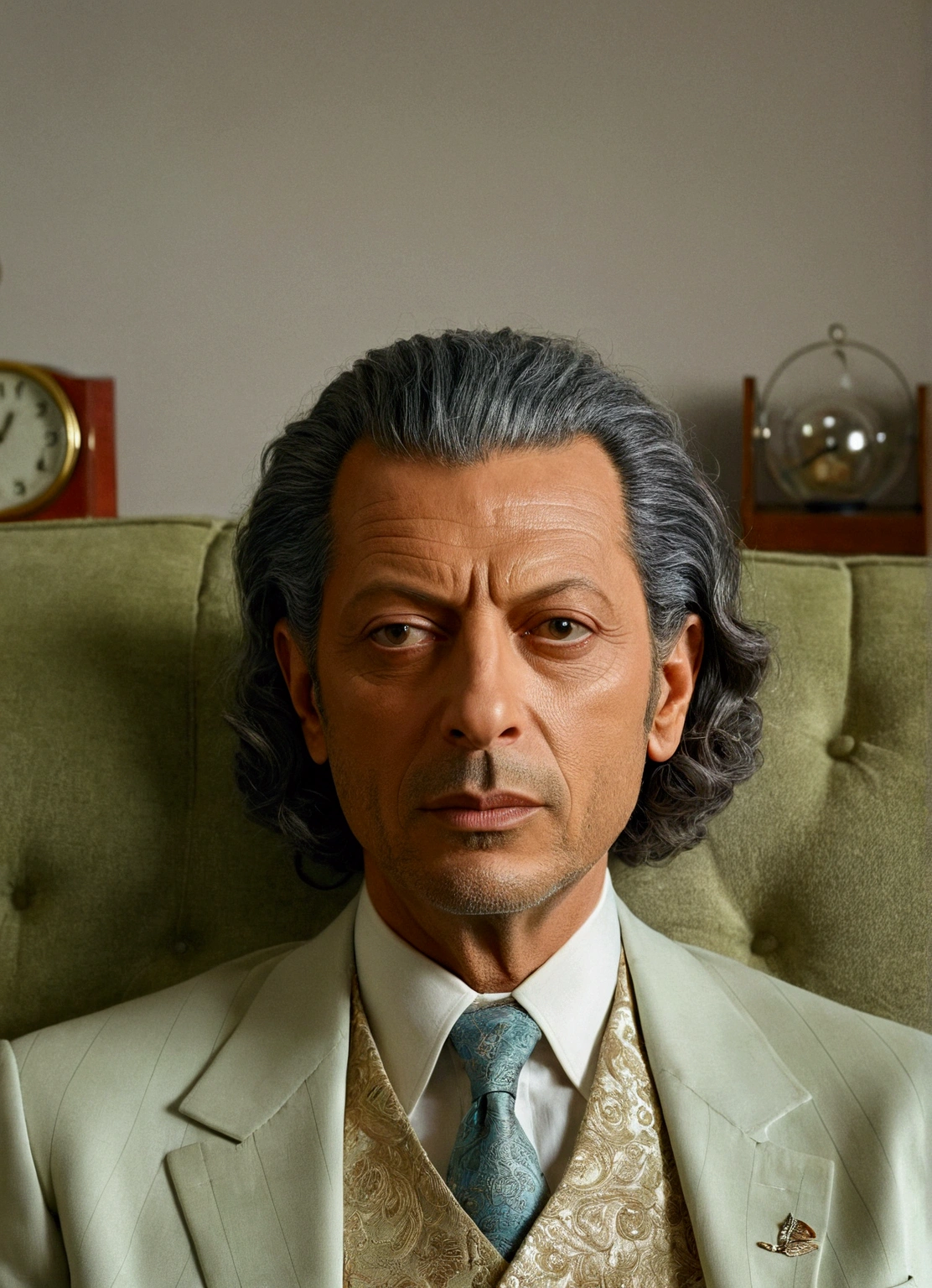 a man sitting on the sofa, clock in the background, he has the right facial features, Hyper-realistic Jeff Goldblum, he's wearing a three-piece suit. calm facial expression, very detailed visual portrait, cinematic bust portrait, Wolfgang Lettl is very detailed, Portrait of a man, inspired by Samuel Dirks van Hoogstraten, Amazing resemblance.
