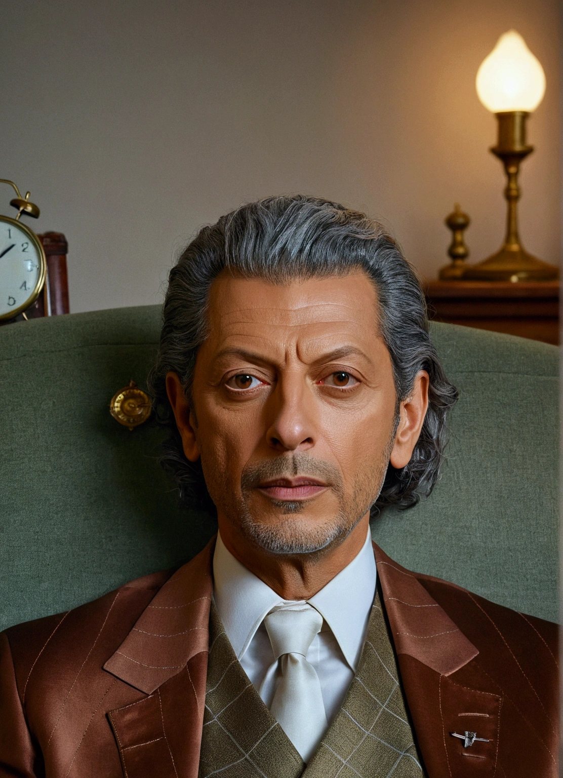 a man sitting on the sofa, clock in the background, he has the right facial features, Hyper-realistic Jeff Goldblum, he&#39;s wearing a three-piece suit. calm facial expression, very detailed visual portrait, cinematic bust portrait, Wolfgang Lettl is very detailed, Portrait of a man, inspired by Samuel Dirks van Hoogstraten, Amazing resemblance. 