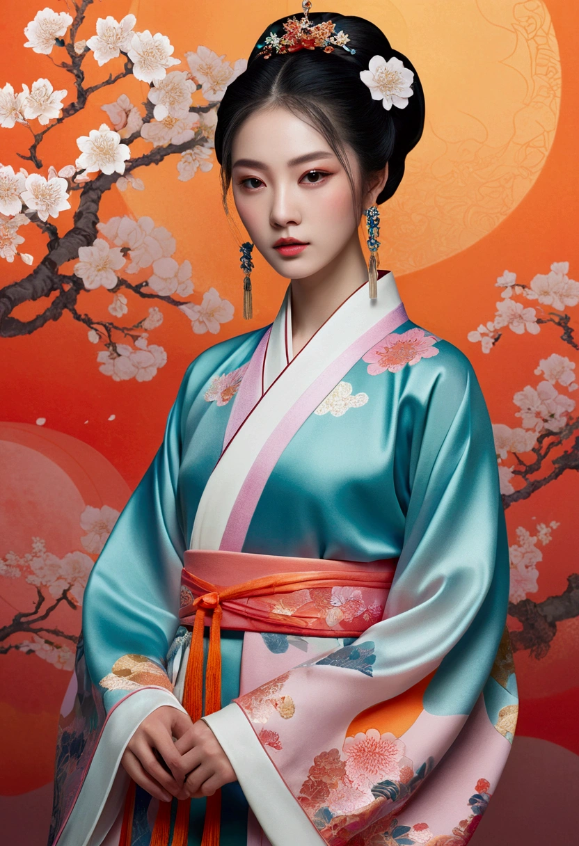 Ambilight,masterpiece,ultra-high quality,(ultra detailed original illustration),((hanfu fashion)),clean cloth,flower blossom background,double exposure,fussion of fluid abstract art,(original illustration composition),( fusion of limited color, maximalism artstyle, geometric artstyle, junk art), 