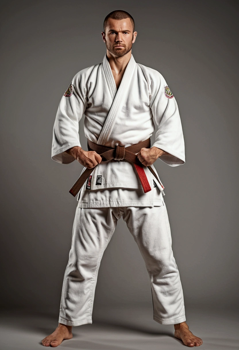 white man with kimono of brazilian jiu-jitsu, brown belt, with parallel arms, Man in a standing position, Children's studies, 8k, hyper realistic, detailed.