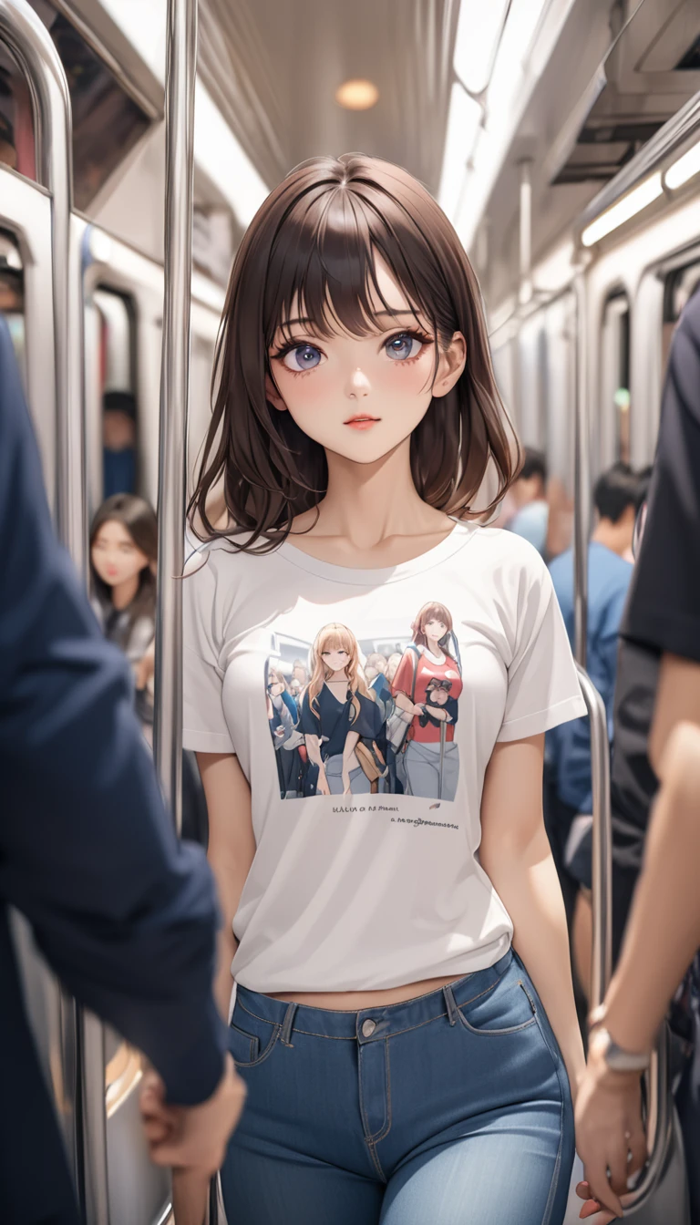 masterpiece, High resolution, perfect face, Korean beauty, 30 years old, beautiful face, in the crowded train, anime T-shirt, skinny pants, embarrassed look, look at the camera, (top quality eyes), detailed texture, look at me, Married woman, cool women, ((high resolution eyes)), little curvy