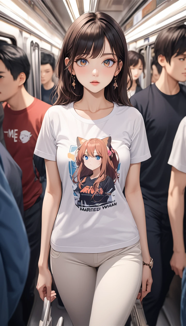 masterpiece, High resolution, perfect face, Korean beauty, 30 years old, beautiful face, in the crowded train, anime T-shirt, skinny pants, embarrassed look, look at the camera, (top quality eyes), detailed texture, look at me, Married woman, cool women, ((high resolution eyes)), little curvy