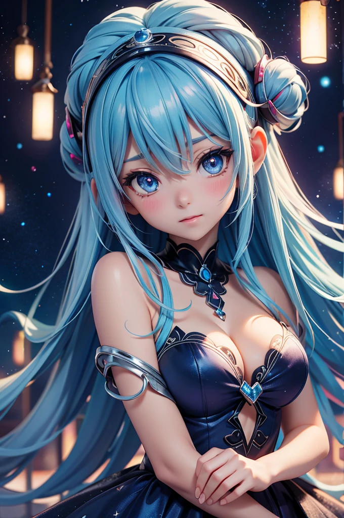 Ultra HD、A beautiful blue-haired character、Very large eyes like in an anime、Red burning cheeks、Night scene with starry sky background、Wearing a gorgeous dress、Subtle details、A fantastic atmosphere、Anime style