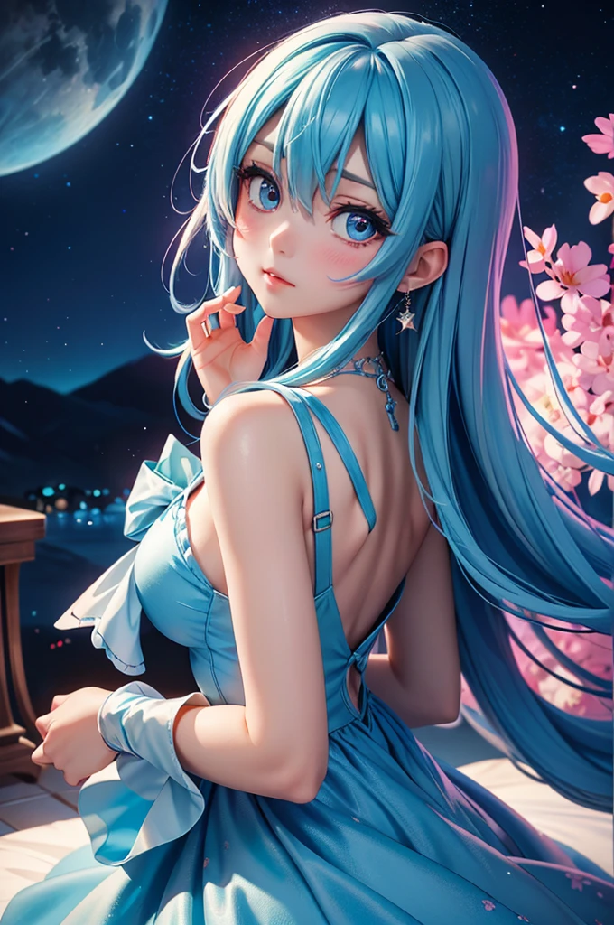 Ultra HD、A beautiful blue-haired character、Very large eyes like in an anime、Red burning cheeks、Night scene with starry sky background、Wearing a gorgeous dress、Subtle details、A fantastic atmosphere、Anime style