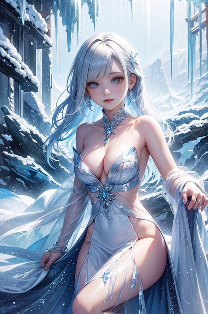 wood, Exquisite mini ice spikes and crystals, A frozen waterfall in the background, Light reflected by ice crystals, Flowing snowflakes、pretty girl,Small and beautiful breasts,Beautiful cleavage、Crystal Dress
