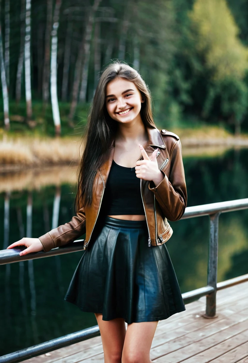 create beautiful 19 year old russian girl with long  black hair wearing a long light brown leather  jacket and inside of the jacket she is wearing a really dark brown shirt and the girl also has small black skirt above the knees and showing the laps she he standing infront of a railing behind and below which is a small beautiful circular lake which is also gruaded by a rail which has a road behind it 
 The girl is smiling and is really happy and is showing a peace sign to the camera. Full body should be shown