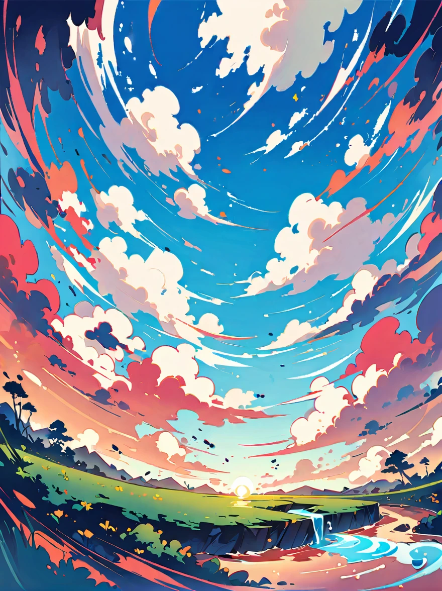 Bluestone bricks,Background with green grass and blue sky,Chinese ink painting style。Use light cyan as the main color,A few white clouds floating around。Color illustration showing bubbles flying around。high resolution