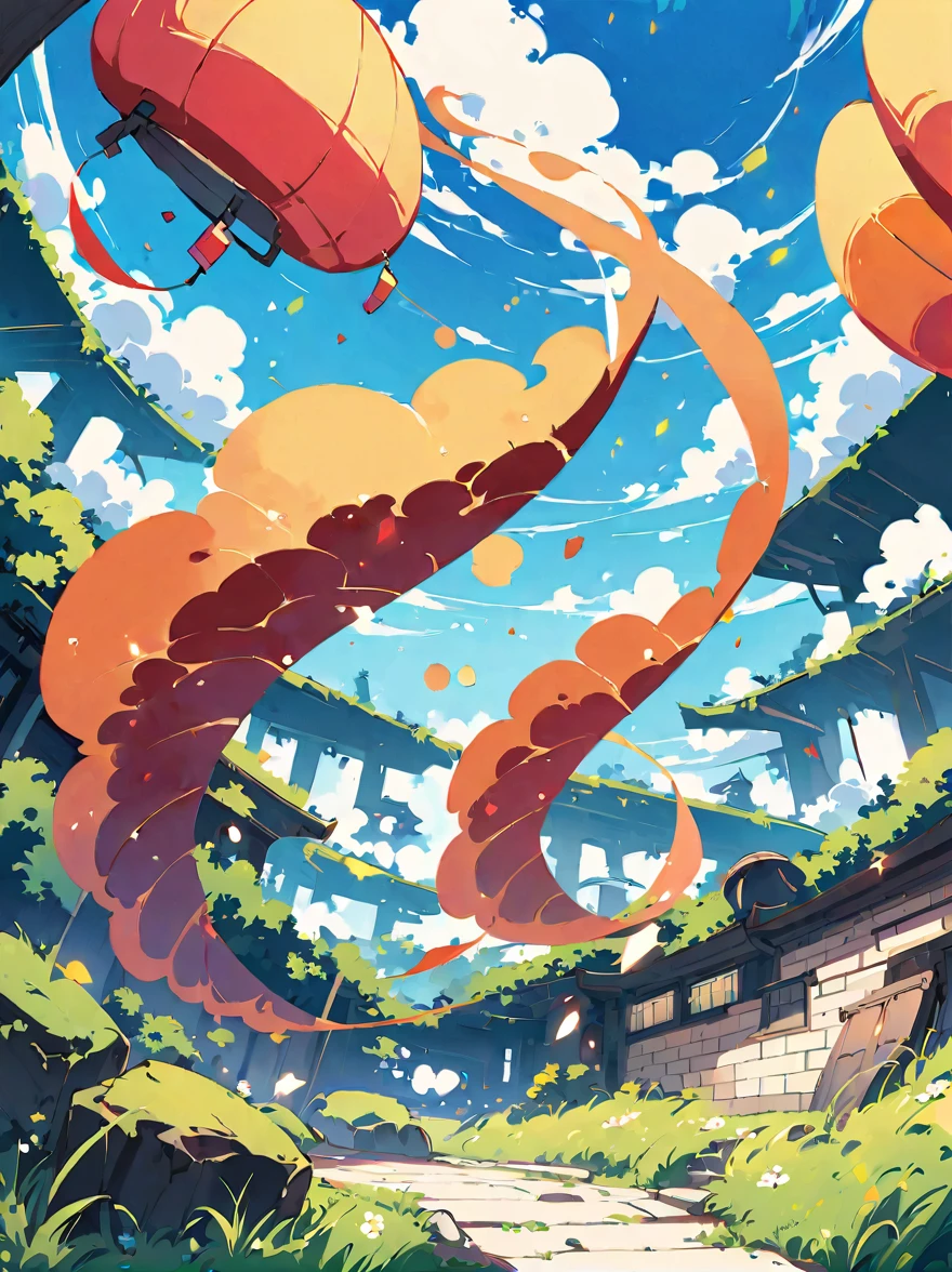 Bluestone bricks,Background with green grass and blue sky,Chinese ink painting style。Use light cyan as the main color,A few white clouds floating around。Color illustration showing bubbles flying around。high resolution