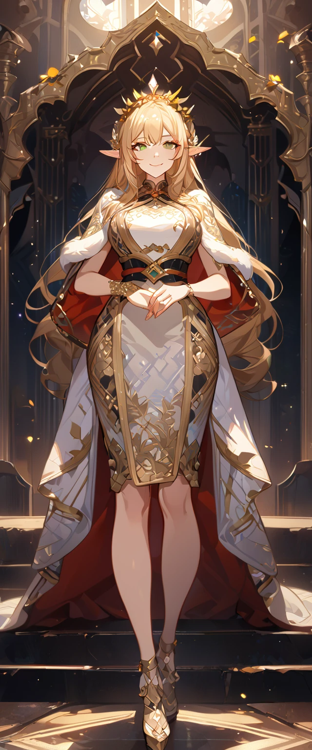 masterpiece, best quality, 8k ,4k , 1girl, elf queen, blond reddish hair, green eyes, big chest, gold wreath crown, hair ornament, finely detailed eyes and detailed face, looking at viewer, white sleeveless, Lace dress, patterned clothes, gold embroidery clothes, meticulous clothes, mature clothes, transparent cape with lace, majestic looks, smiling gently, small bird, full body, inspired by Asukaziye artist : ask, art style : ask