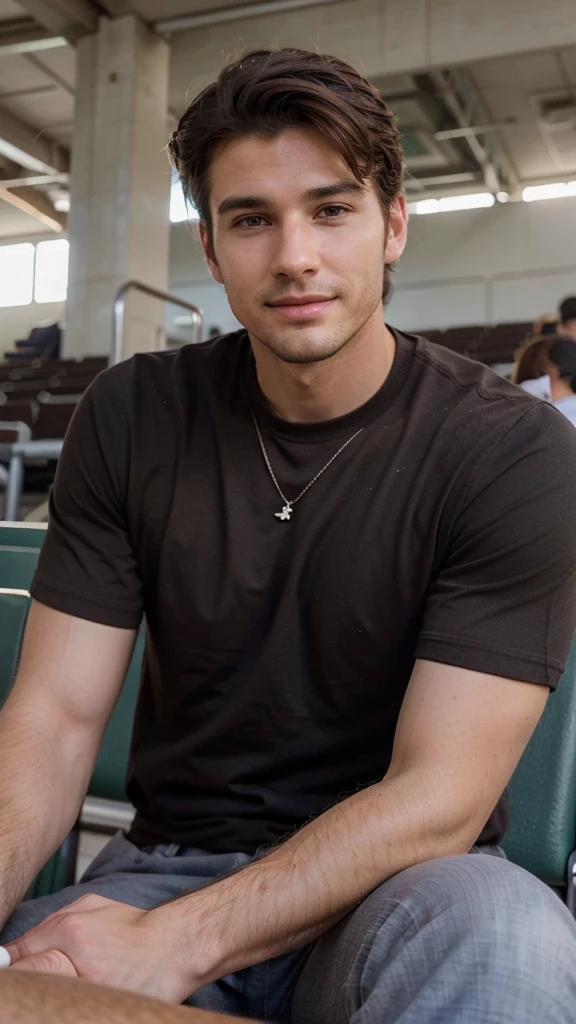 Very handsome man, 29yo, dark brown hair, Wear, Consultation, sitting in the stands, long distance shot, Wearing, smirk, realphoto