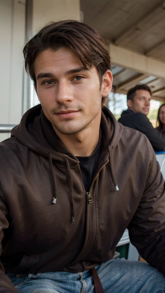 Very handsome man, 29yo, dark brown hair, Wear, Consultation, sitting in the stands, long distance shot, Wearing, smirk, realphoto