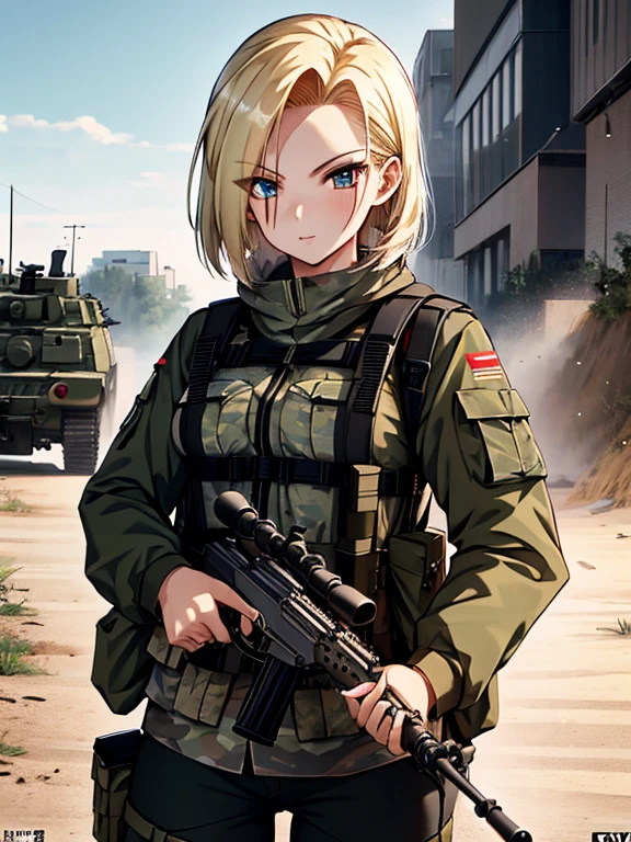 Anti-tank rifles, Sniper, Sniper手, android１８Number, (masterpiece), highest quality, 1girl, uhd, retina, masterpiece, ccurate, anatomically correct, textured skin, super detail, high details, high quality, best quality, highres, 4K