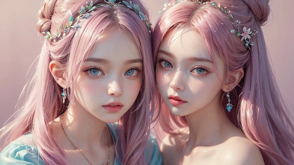 ((masterpiece)). This work is dreamy and fantastical., Soft pink watercolor shades. Generates delicate magical women exploring the bubble gum world in a variety of pastel colors. Her sweet face is extremely detailed and realistic with elegant, Mature features, Puffy, Big lips and stunning, Extremely realistic eyes. Her eyes are important、Be realistic, Very detailed, And it&#39;s beautiful. High resolution and detail, Include many details like stars, Milky Way, Colorful bubbles, Colorful petals, And a lot of energy and emotion! Stars and colorful bubblegum bubbles are important! Include fantasy details, Enhanced Details, iris, Colorful sparkling wind, And pollen. Pay special attention to her face、Make sure it&#39;s beautiful and realistic in detail。. The image is dreamy、It has to be fantastical..8k, Complex, elegant, Very detailed, Majestic, Digital photography