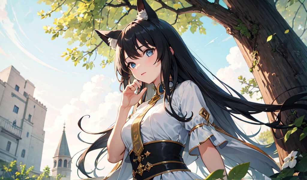 ((Highest quality)), ((masterpiece)), (detailed), One girl, Animal ears girl,Angle from below,On the tree