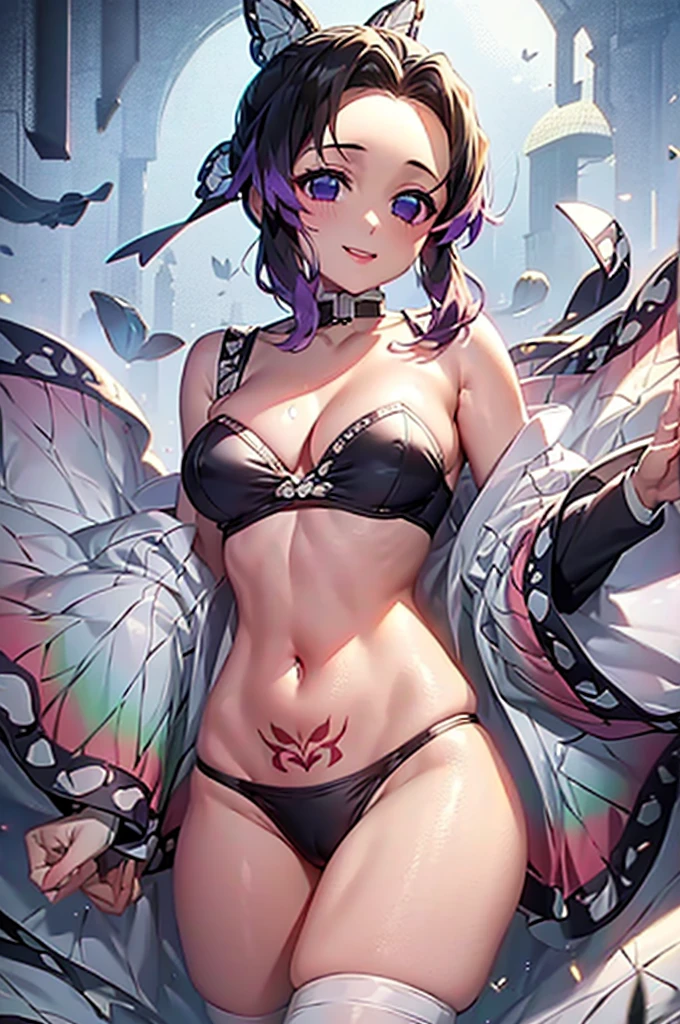 (Highest quality、masterpiece、8k)、((Head to Toe、Are standing、Bursting Busty))、One Woman、White underwear、belly button、(Tattoo on the lower abdomen)、Cleavage、Large Breasts、clavicle、choker、Knee socks、Cleavage、Sweat、Wet、smile、Flushed Cheeks、Attractive lips、Glowing Skin、Fair skin、High Ponytail、Wavy Hair、Perfect hands、Perfect Fingers、Perfect breasts、Perfect Hair、Perfect Face、Perfect body
