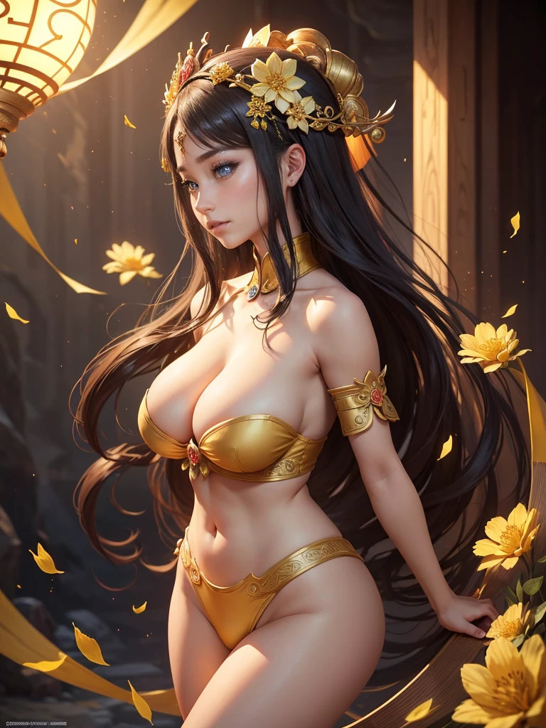 a woman in a light yellow honfu with flowers on her head, a beautiful fantasy empress, inspired by Ju Lian, inspired by Li Mei-shu, yun ling, inspired by Lan Ying, inspired by Wu Zuoren, inspired by Wu Bin, inspired by Pu Hua, ((a beautiful fantasy empress)), inspired by Qiu Ying, inspired by Wu Li, , Highly detailed CG unit 8k wallpaper, masterpiece, High resolution, highest quality, highest quality real texture skin, Super Real, Digital Painting, Best image quality, 最High resolution, 8k, ((Highly detailed eyes and face, Beautiful eyes every detail)), 1girl, Full Body Shot, (Saggy breasts, Gravity-dependent breasts, long chest, Heavy chest, disproportionate breasts, huge breasts, sagging breasts, gigantic breasts), smile, (profile),