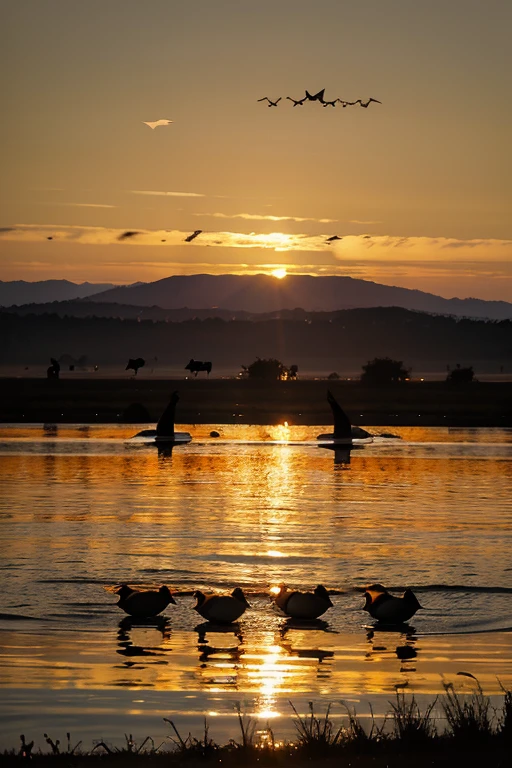 Sunset Silhouette: A flock of migratory birds silhouetted against a vibrant sunset, flying in perfect formation over a calm lake, with the golden and orange hues reflecting on the water.