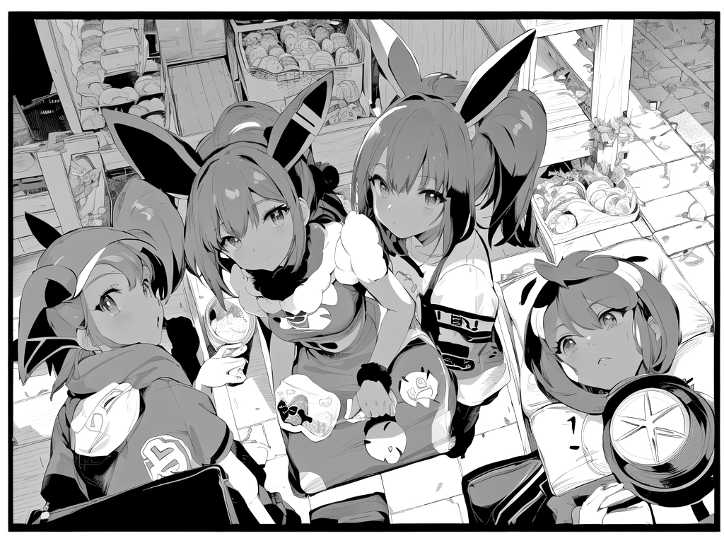 a group of Pokemon Eevees, there are plastic bags containing food such as meat patties and others, there are 6 Eevees, manga, ((LineArt)), black and white manga comic, ((LineArt))