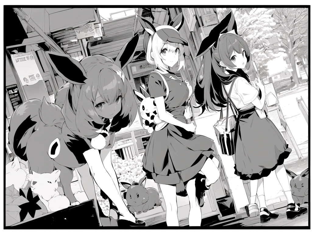 a group of Pokemon Eevees, there are plastic bags containing food such as meat patties and others, there are 6 Eevees, manga, ((LineArt)), black and white manga comic, ((LineArt))