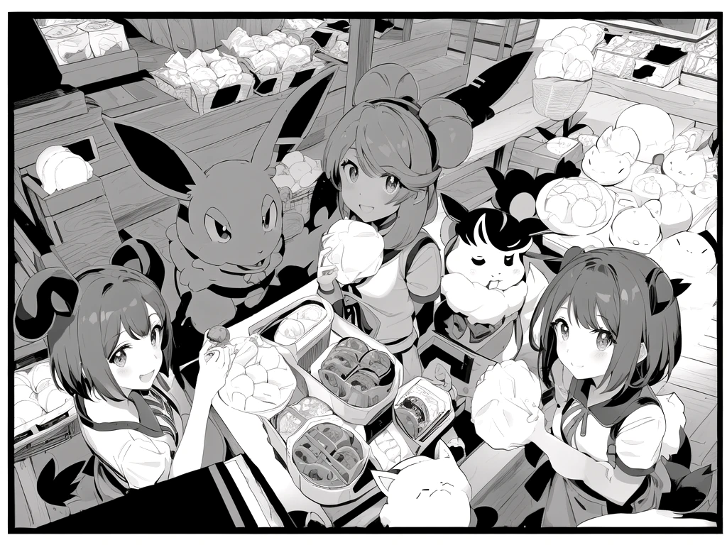 a group of Pokemon Eevees, there are plastic bags containing food such as meat patties and others, there are 6 Eevees, manga, ((LineArt)), black and white manga comic, ((LineArt))