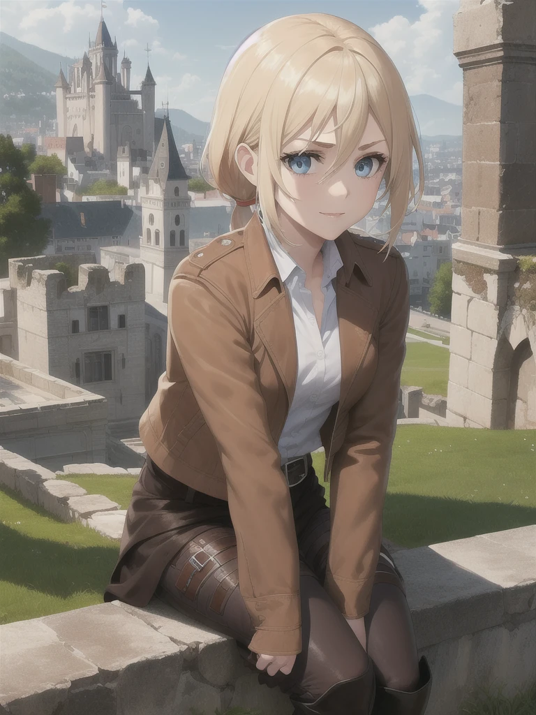 masterpiece, Highest quality, High resolution, Castle ruins, Day, sunny, Serious expression, One girl, alone, View your viewers, smile, Sit on the ground, history, Krista Lentz, Blonde, blue eyes, Hair between the eyes, short hair,  ponytail, Official Art, Jacket, brown Jacket, Symbolism, belt, Thigh straps, pants, white pants,  boots, shirt, white shirt, collared shirt,