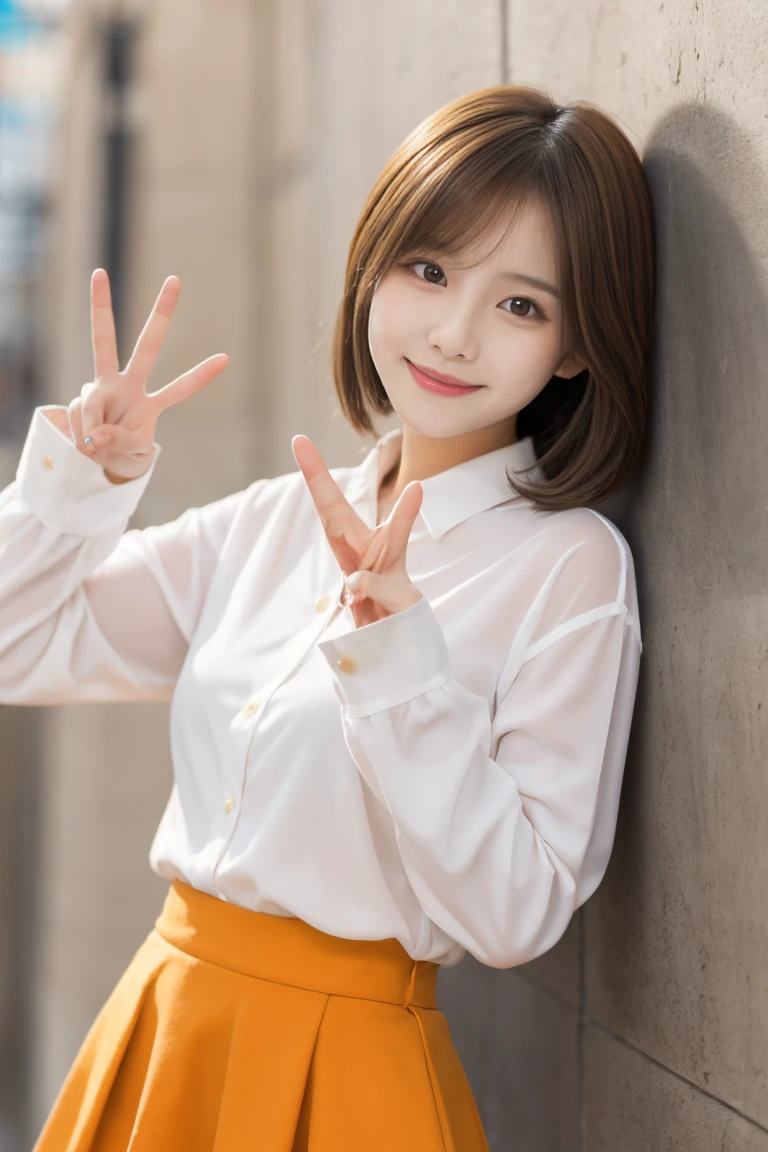 A cute anime-style girl is standing and making peace signs with both hands. She has short brown hair and large brown eyes, and is wearing a white blouse paired with an orange skirt. The background is simple, emphasizing her bright and cheerful expression