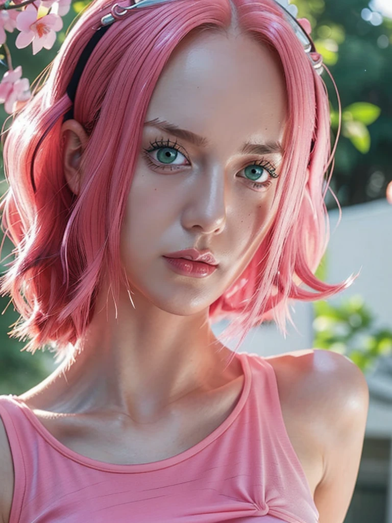 young woman, short shoulder-length pink hair, wide forehead, porcelain skin, pink eyebrows, big emerald green eyes, buttoned nose, full lips, heart-shaped face, slender body, small breasts, red tank top, Sakura Haruno , realistic, realism, details, 3d, well detailed
