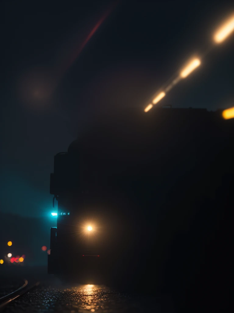 (Sumilux f1.4 24mm , low Latitude old color negative film , cross process , bokeh, flare, chromatic aberration , soft focus, (Shallow focus) , soft glow , Maximum aperture, High Key , Transparent depiction) , Late at night, a locomotive approaches through the fog.