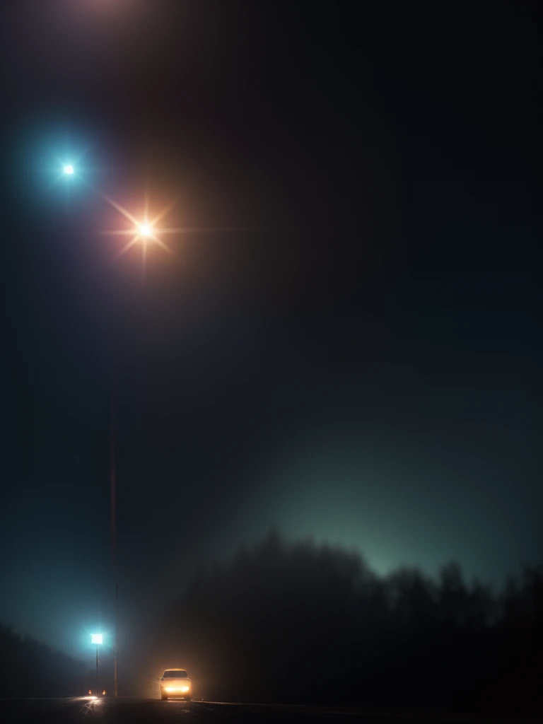 (Sumilux f1.4 24mm , low Latitude old color negative film , cross process , bokeh, flare, chromatic aberration , soft focus, (Shallow focus) , soft glow , Maximum aperture, High Key , Transparent depiction) , Late at night, a locomotive approaches through the fog.