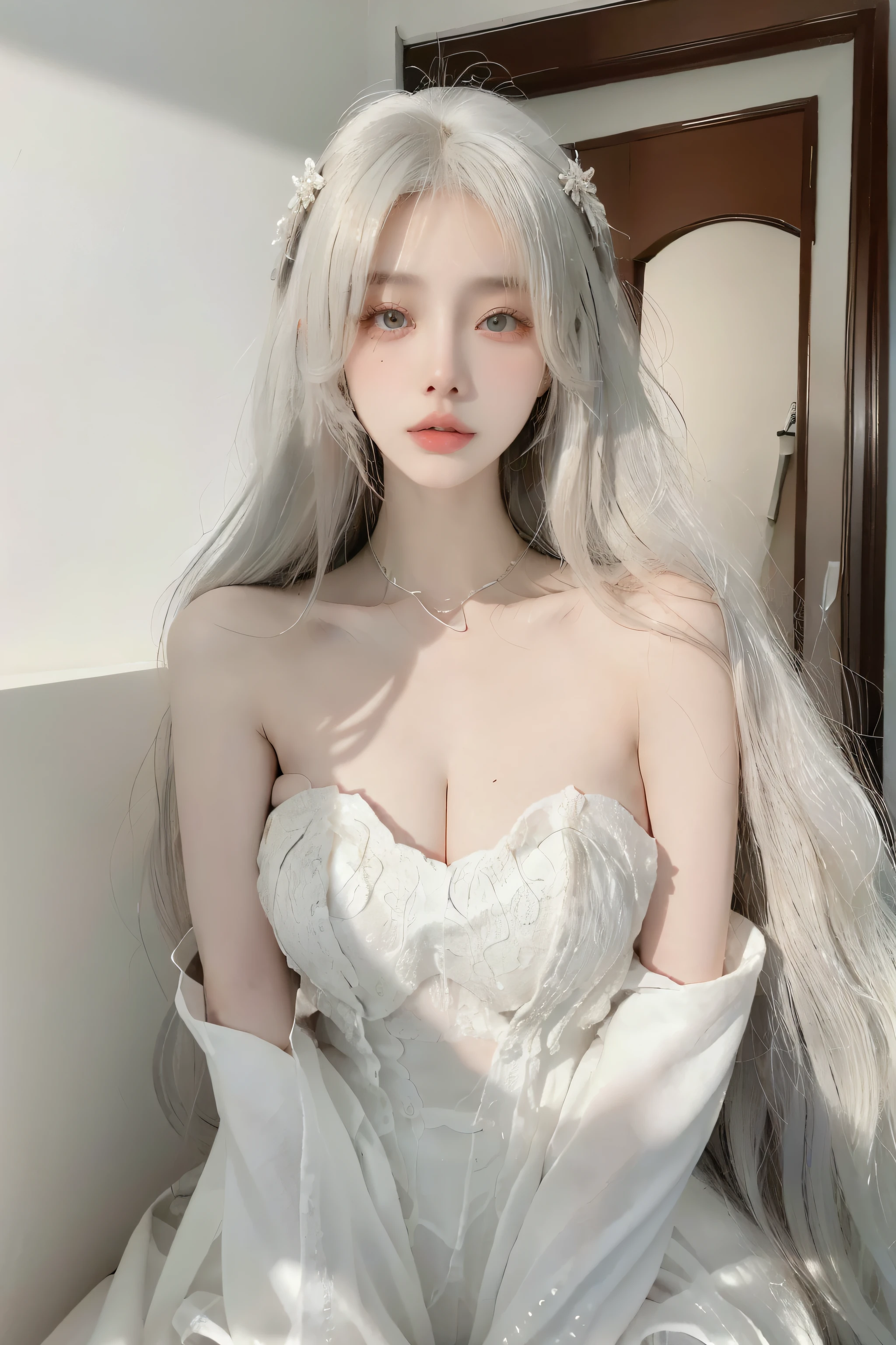Beautiful woman with perfect body:1.4,Prominent cleavage,Layered Hairstyle,Highly detailed face and skin textures,Double eyelids,Skin Whitening,Long hair,Whitened long legs,Half chest wedding dress,Silver hair