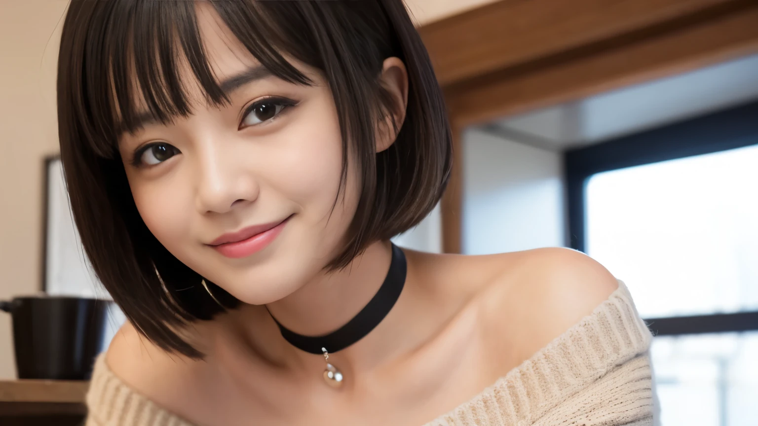Highest quality, masterpiece, Ultra-high resolution, Realistic, 1 girl, Off the shoulder, knit, smile, smile, Slightly visible, Extra Large_sweater, Soft lighting, Detailed skin, bangs, Black Hair, Clear Eyes, Short Bob Hair, Transparency, Inside the cafe, Japanese, Beautiful woman, Upward glance, Lip gloss, Black Thick Choker, tears, Mole on chest, Eye highlights, Inside the cafeでの撮影