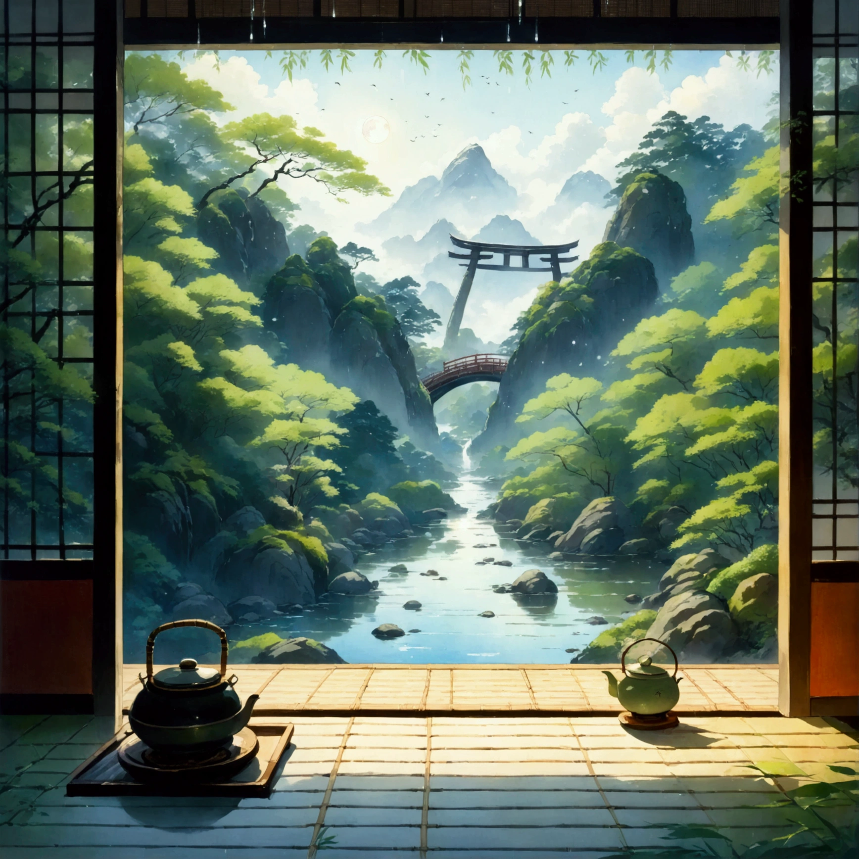 old、Inn、dim、corridor、Shoji screen、tatami、hanging scroll、Tea Room、hearth、brazier、old、Bowl、teacup、Sencha、traveller、Style、bamboo forest、trail、river、bridge、石tatami、Mountain、cloud、blue sky、evening、moon、star、Silence、Cicadas rain、frog、bell cricket、ancient wood、Mossy stone、temple、shrine、torii、Jizo、Signpost、Tiredness from travel、inn、Travel preparations、luggage、wallet、map、Scroll、Pen、ink、paper、inkstone、Travel Journal、haiku、Collection of haiku