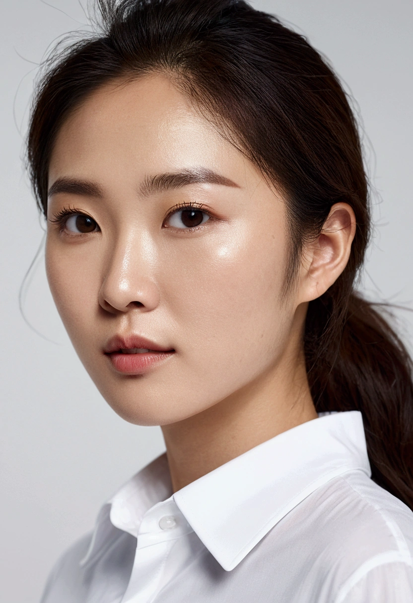 4K camera, perfect face, perfect skin, Korean woman, white shirt, 28 years old, actor, pure white background, naked, looking to the side