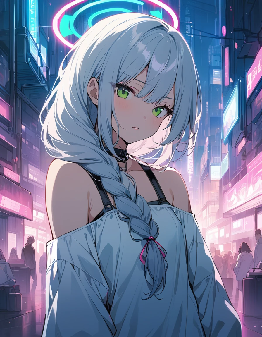 ((best quality)), ((masterpiece)), (finely detail), anime girl, game_cg, bishoujo, anime style, ager, 1girl, white hair, long hair, big hair, single braid, ルーズサイドテール, hair over shoulder, hair tie near neck below ears, ((cyberpunk)), green eyes, clenched lips, head tilt, neon light, halo, mechanical wings, white dress, off-shoulder dress, bare shoulders