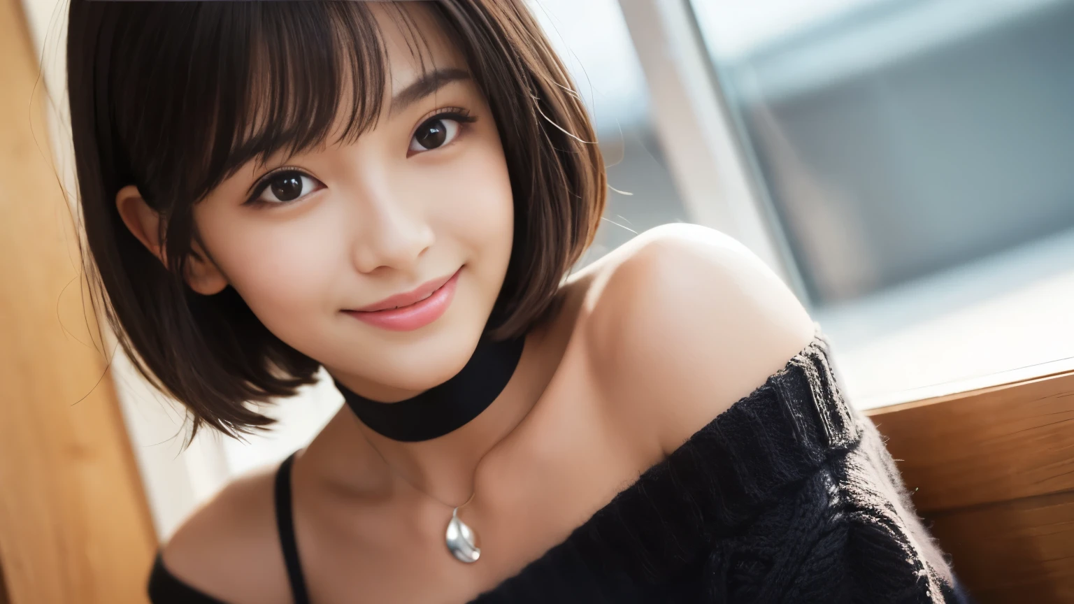 Highest quality, masterpiece, Ultra-high resolution, Realistic, 1 girl, Off the shoulder, knit, smile, smile, Slightly visible, Extra Large_sweater, Soft lighting, Detailed skin, bangs, Black Hair, Clear Eyes, Short Bob Hair, Transparency, Inside the cafe, Japanese, Beautiful woman, Upward glance, Lip gloss, Black Thick Choker, tears, Mole on chest, Eye highlights, Inside the cafeでの撮影