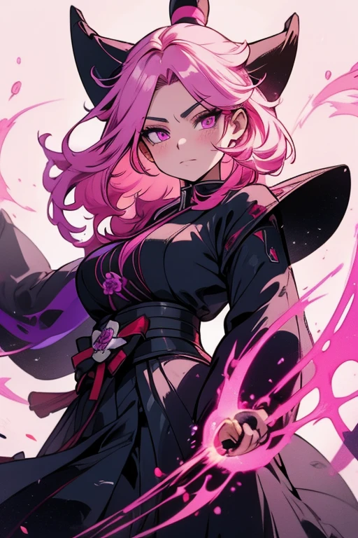 Perfect face. Perfect hands. A pink haired samurai with violet eyes and an hourglass figure in a samurai outfit is spinning her scythe in an old town