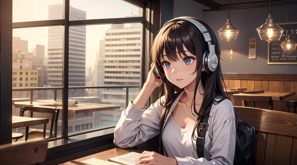 Girl with headphones enjoying music in a cafe　I am studying　Emphasize a little bit of the chest