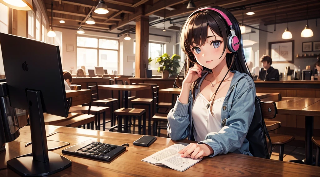 Girl with headphones enjoying music in a cafe　I am studying　Emphasize a little bit of the chest