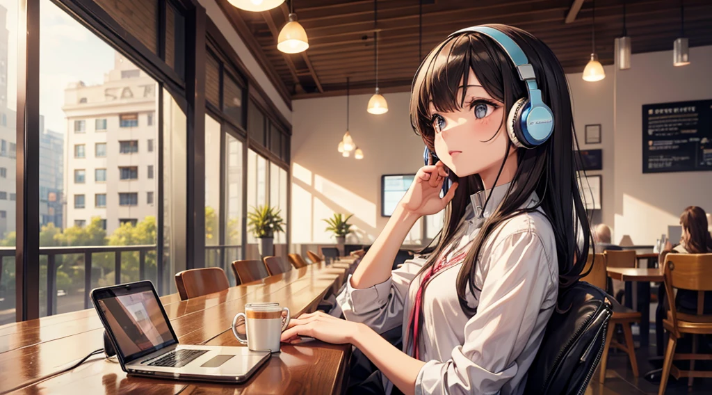 Girl with headphones enjoying music in a cafe　I am studying　Emphasize a little bit of the chest