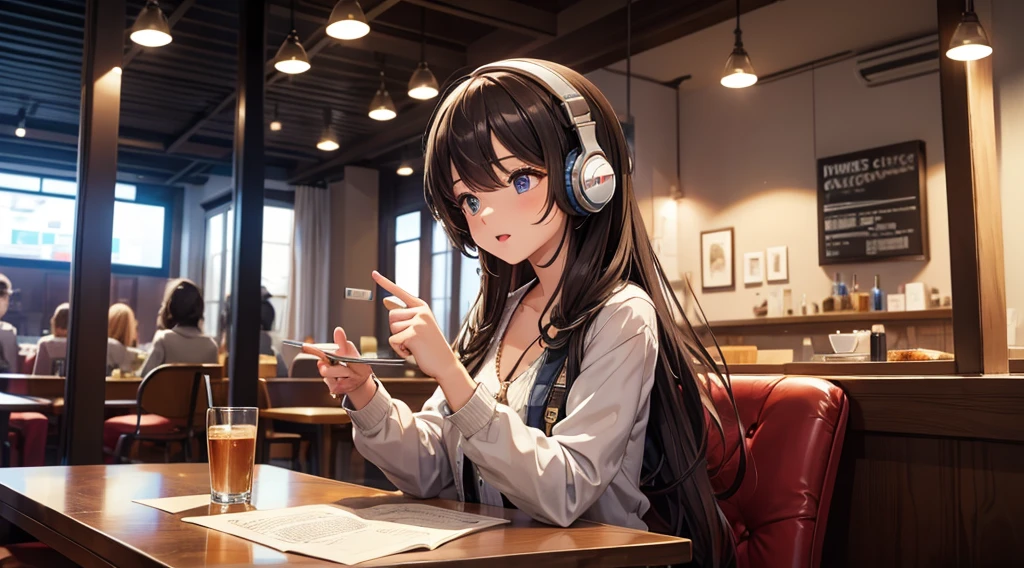 Girl with headphones enjoying music in a cafe I am studying Emphasize a little bit of the chest