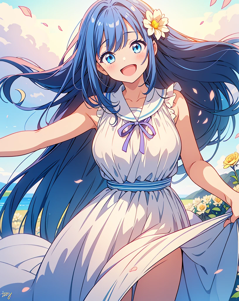 (Highest quality, 32k, High resolution, Masterpiece:1.5, ), One Girl, Cute anime-style illustrations, god々It has a brilliant and healing power., , Expressing emotions, Have a rich imagination, Cute Japanese Girls, Perfect Human Anatomy, Big light blue eyes, Motherhood and generosity, Deep Love, ((A happy smile:1.6)), Shiny blue hair, Super long straight silk hair swaying in the wind, Asymmetrical bangs, Hair between the eyes, Transparent, soft white skin, Sharp eyebrows, Thin lashes, Natural Makeup, Cheek highlighter, Detailed and cute lips, (White dress:1.2), ((A flower field that stretches to the horizon:1.2)), Slim figure with ample breasts, Beautifully detailed skies, ((Vibrant petal effect:1.2)), god秘的