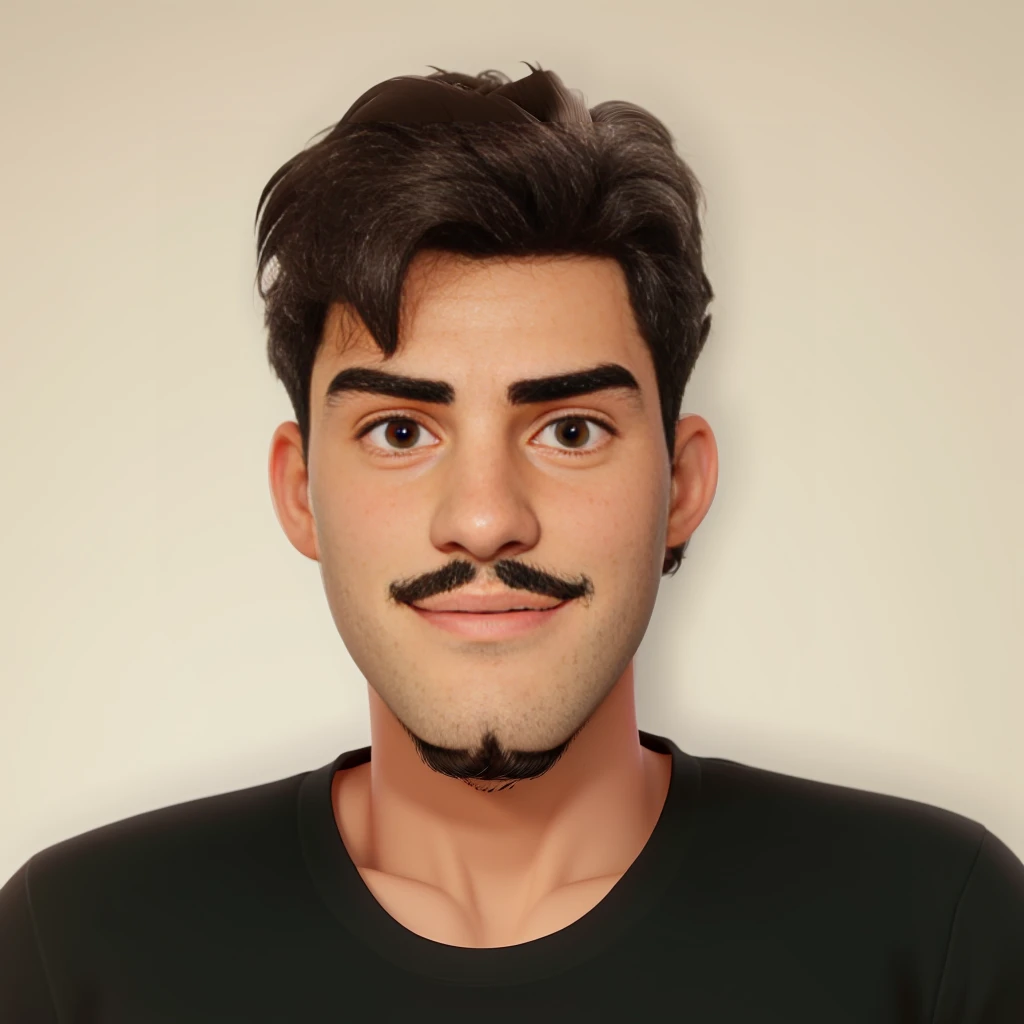 24 year old man, Bblack hair, thin moustache, beautifully brown, lit eyes.