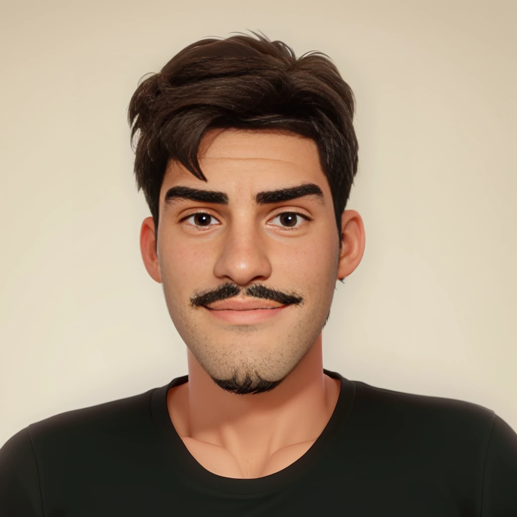 24 year old man, Bblack hair, thin moustache, beautifully brown, lit eyes.