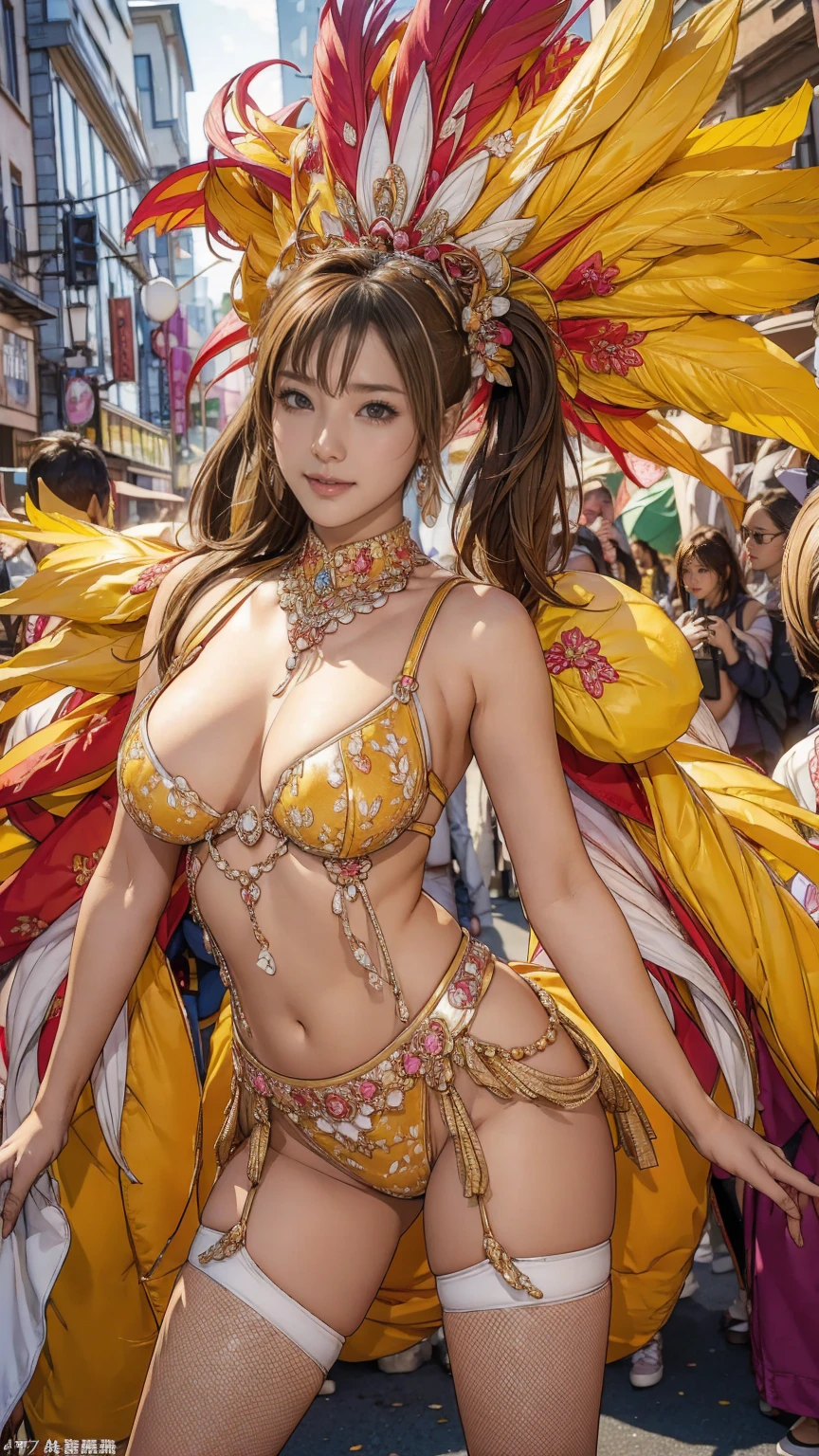 Highest quality, Official Art, masterpiece, Fabric Shading, High resolution, Very detailed, colorful, Best details, High leg samba micro costume:1.5, microwave good:1.9 Yuki Mori:1.5, 1 female, Age 25, Brown Hair, short hair, Twin tails,Wind-blown bangs, {{{{{Puffy nipples:1.7}}}}}, {{{{{Dancing vigorously in the parade:1.9}}}}}, A bustling boulevard, sunny, Large Breasts, skinny, {{Surrounded by a bunch of male photographers:1.9}}, She is being photographed by many male photographers.:1.7, A blizzard is falling, Blessed, welcome:1.5, Camel Toe:1.9, Ground level shot,