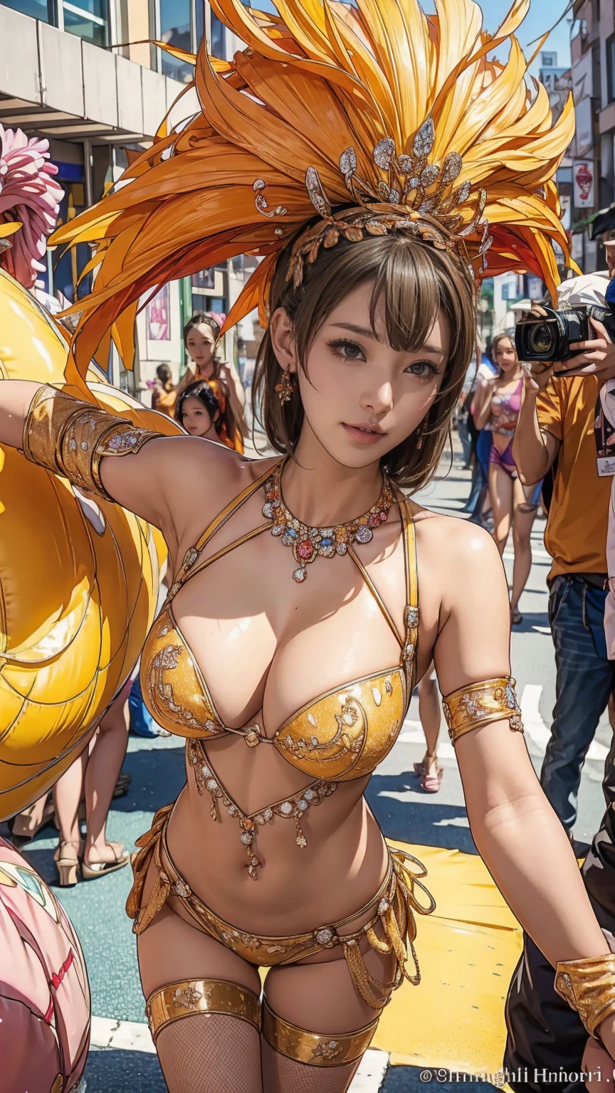 Highest quality, Official Art, masterpiece, Fabric Shading, High resolution, Very detailed, colorful, Best details, High leg samba micro costume:1.5, microwave good:1.9 Yuki Mori:1.5, 1 female, Age 25, Brown Hair, short hair, Twin tails,Wind-blown bangs, {{{{{Puffy nipples:1.7}}}}}, {{{{{Dancing vigorously in the parade:1.9}}}}}, A bustling boulevard, sunny, Large Breasts, skinny, {{Surrounded by a bunch of male photographers:1.9}}, She is being photographed by many male photographers.:1.7, A blizzard is falling, Blessed, welcome:1.5, Camel Toe:1.9, Ground level shot,