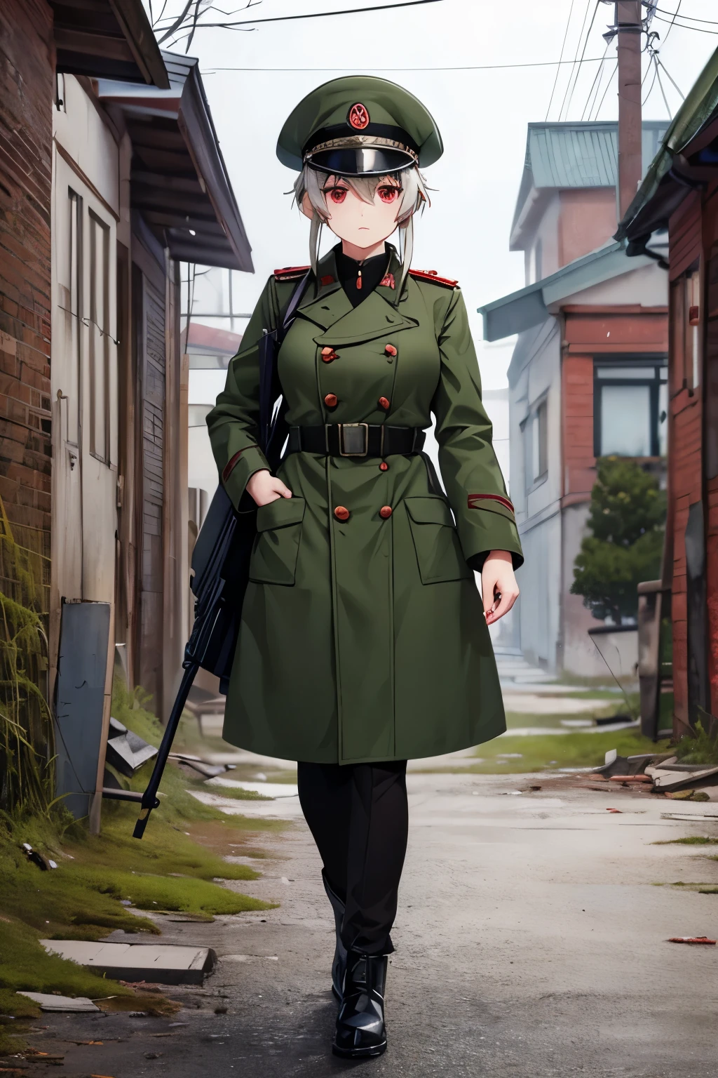 beautiful woman Soviet officer with silver short messy hair,Long sideburns and red eye.tsurime,anime style,1940,Wearing a Moss Green long coat and a military cap, walking through an abandoned town in winter